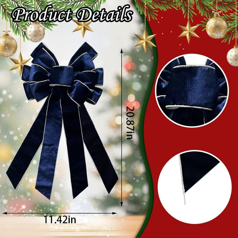 CHMOART Store Christmas Wreath Bow 20 x 11 Inches Large Christmas Bows Silver Trimmed Blue Velvet Bow Winter Farmhouse Bow Xmas Tree Topper Ornament Bow for Home Front Door Decorations - Image 2